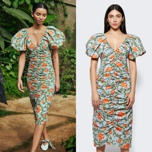 NWT Agua by Agua Bendita Camelia Peonia Atardecer Ruched Midi Dress Large